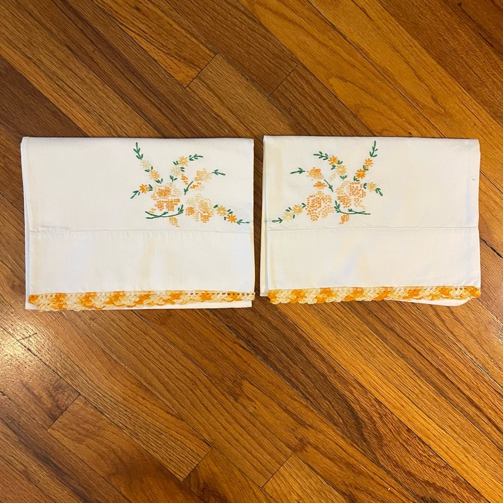 Pair of Vintage Embroidered Floral Pillowcases